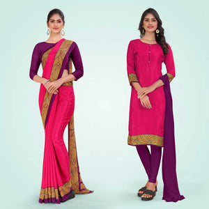 Rani Pink and Purple Women's Premium Italian Silk Plain Gaala Border Institution Uniform Saree Salwar Combo