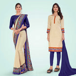 Beige and Navy Blue Women's Premium Manipuri Cotton Plain Gaala Border Showroom Uniform Saree Salwar Combo