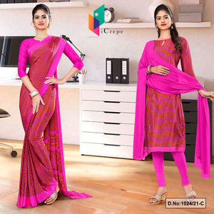 Dark Pink Women's Premium Italian Silk Small Butty Uniform Sarees Salwar Combo For Hotel Uniform