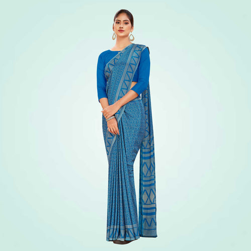 Yellow Women's Premium Silk Chiffon Ikat Print School Uniform Saree