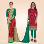 Maroon and Bottle Green Women's Premium Italian Silk Floral Print School Teacher Uniform Saree Salwar Combo