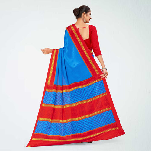 Royal Blue and Red Women's Premium Italian Silk Reliance Gems Jewellery Store Uniform Sarees With Blouse Piece