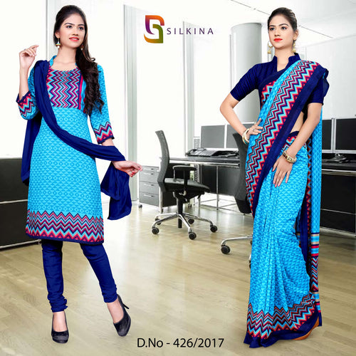 Sky Blue and Navy Blue Women's Premium Silk Georgette Eyecatchers Teachers Uniform Sarees Salwar Combo