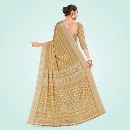 Beige Women's Premium Silk Chiffon Small Butty Housekeeping Uniform Saree