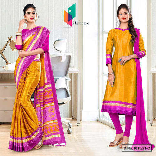 Yellow Lavender Women's Premium Silk Chiffon Discipline Day Uniform Sarees Salwar Combo For Workers Uniform