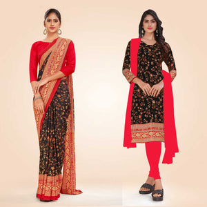 Black and Red Women's Premium Italian Silk Floral Print Housekeeping Uniform Saree Salwar Combo