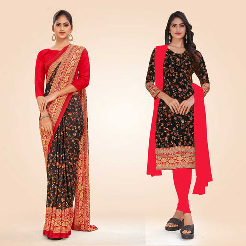 Mustard and Turquoise Women's Premium Italian Silk Floral Print School Uniform Saree Salwar Combo