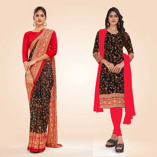 Navy Blue and Rani Pink Women's Premium Italian Silk Floral Print Office Uniform Saree Salwar Combo