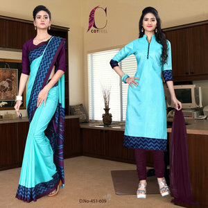 Sea Green and Wine Women's Premium Manipuri Cotton Plain Gala Border Teachers Uniform Sarees Salwar Combo