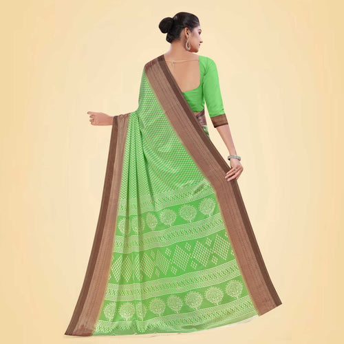 Pistachio and Brown Women's Premium Silk Chiffon Small Butty Housekeeping Uniform Saree