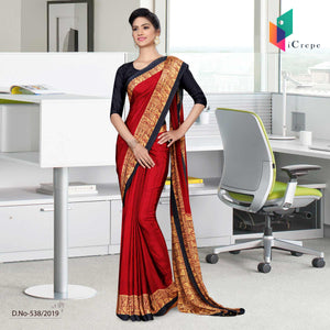 Maroon And Black Italian Crepe Silk Hospital Uniform Saree