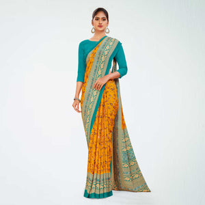 Mustard and Turquoise Women's Premium Italian Silk Floral Print School Uniform Saree