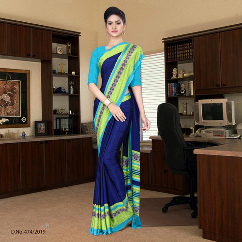 Dark Blue And Turquoise Italian Crepe Silk Institution Uniform Saree
