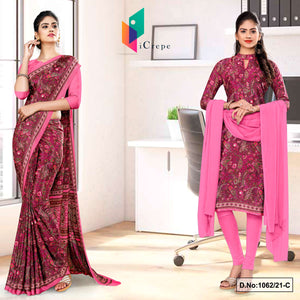 Wine Pink Women's Premium Italian Silk Paisley Print Uniform Sarees Salwar Combo For School Teachers