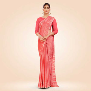 Peach Women's Premium Silk Chiffon Ikat Print Teachers Uniform Saree