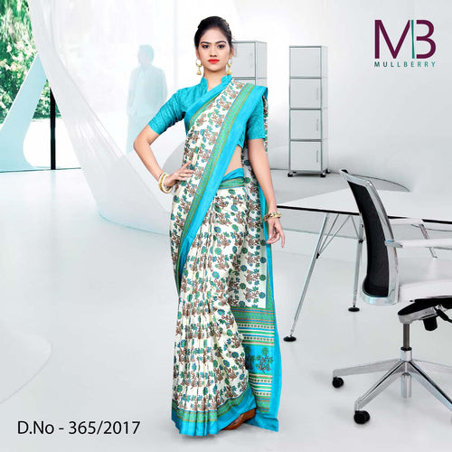 Cream With Sky Blue Border Mulberry Silk Uniform Saree
