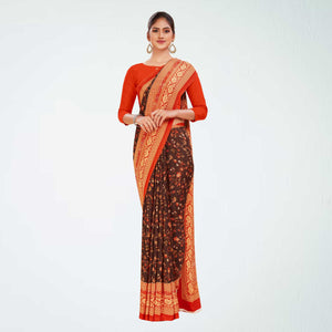 Brown and Orange Women's Premium Italian Silk Floral Print Institution Uniform Saree