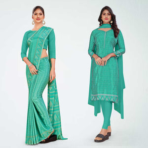 Sea Green Women's Premium Silk Chiffon Ikat Print Resort Uniform Saree Salwar Combo