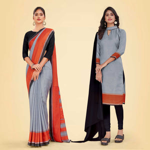 Grey and Black Women's Premium Manipuri Cotton Plain Gaala Border College Uniform Saree Salwar Combo