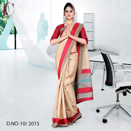 Beige and Red Women's Premium Manipuri Cotton School Uniform Sarees With Blouse Piece