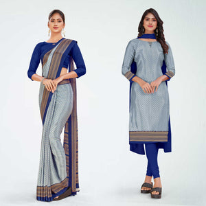 Blue and Navy Blue Women's Premium Silk Chiffon Small Butty School Uniform Saree Salwar Combo