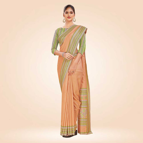 Brownish Grey Women's Premium Mulberry Silk Plain Gaala Border PTM Uniform Saree