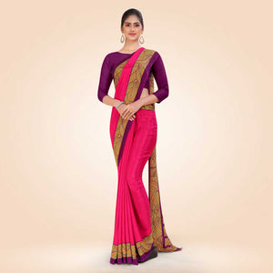 Rani Pink and Purple Women's Premium Italian Silk Plain Gaala Border Institution Uniform Saree