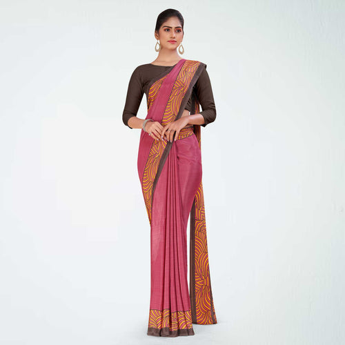 Beige and Maroon Women's Premium Italian Silk Plain Gaala Border Housekeeping Uniform Saree