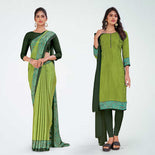 Turquoise and Botlle Green Women's Premium Italian Silk Plain Gaala Border School Teacher Uniform Saree Salwar Combo