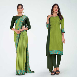 Mehandi and Botlle Green Women's Premium Italian Silk Plain Gaala Border Industrial Uniform Saree Salwar Combo