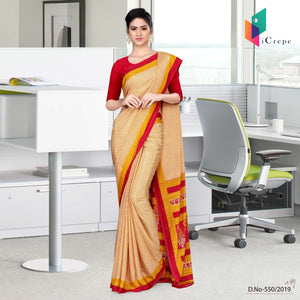 Off White and Red Italian Crepe Silk Office Uniform Saree