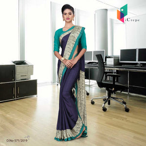 Navy Blue And Green Italian Crepe Silk School Uniform Saree