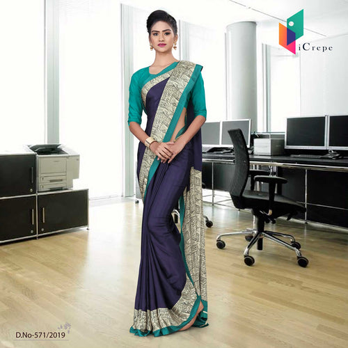 Navy Blue And Green Italian Crepe Silk School Uniform Saree