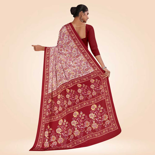 White and Maroon Women's Premium Italian Silk Paisley Print Staff Uniform Sarees With Blouse Piece