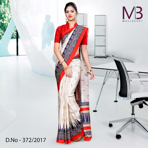 Cream With Red Blue Border Mulberry Silk Uniform Saree
