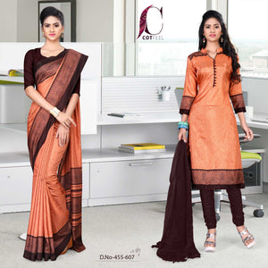 Rust and Brown Women's Premium Manipuri Cotton Plain Gaala Border School Uniform Sarees Salwar Combo