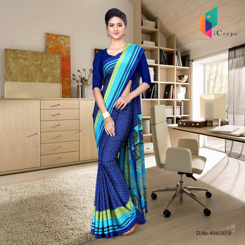 Blue And Blue Italian Crepe Silk Female Staff Uniform Saree