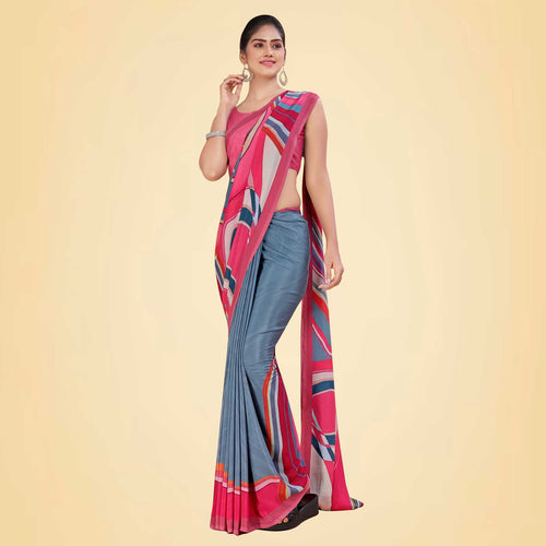 Light Grey and Tomato Red Women's Premium Italian Silk Digital Print Hospital Uniform Sarees With Blouse Piece