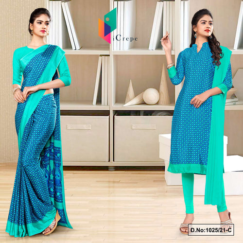 Blue Sea Green Women's Premium Italian Silk Small Butty Uniform Sarees Salwar Combo For Jewellery Showroom Uniform