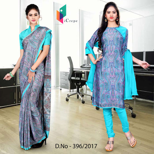 Gray and Sea Green Women's Premium Italian Silk Paisley Print Office Uniform Sarees Salwar Combo
