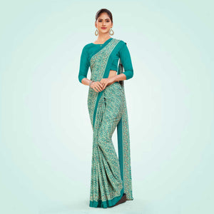 Turquoise Women's Premium Italian Silk Ikat Print Factory Workers Uniform Saree