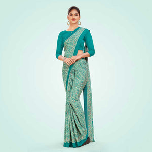 Turquoise Women's Premium Italian Silk Ikat Print Factory Workers Uniform Saree