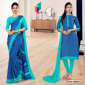Blue Sea Green Women's Premium Italian Silk Small Butty Uniform Sarees Salwar Combo For Institution Uniform