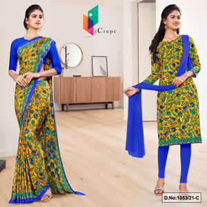 Yellow Blue Women's Premium Italian Silk Floral Print Uniform Sarees Salwar Combo For College Students