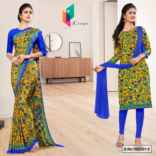 Yellow Blue Women's Premium Italian Silk Floral Print Uniform Sarees Salwar Combo For College Students