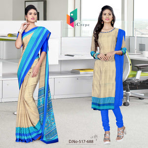 Beige and Blue Women's Premium Italian Silk Eyecatchers School Teachers Uniform Sarees Salwar Combo