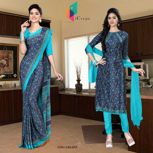 Navy Blue and Turquoise Women's Premium Italian Silk Floral Print Institute Uniform Sarees Salwar Combo