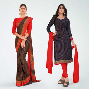 Black and Red Women's Premium Italian Silk Small Butty Teachers Uniform Saree Salwar Combo