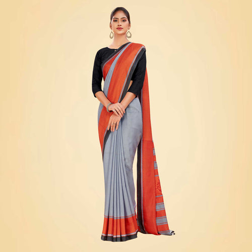 Beige and Maroon Women's Premium Manipuri Cotton Plain Gaala Border Institution Uniform Saree