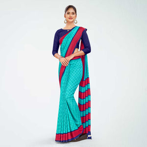 Aqua Blue and Pink Women's Premium Manipuri Cotton Small Butty Receptionist Uniform Saree